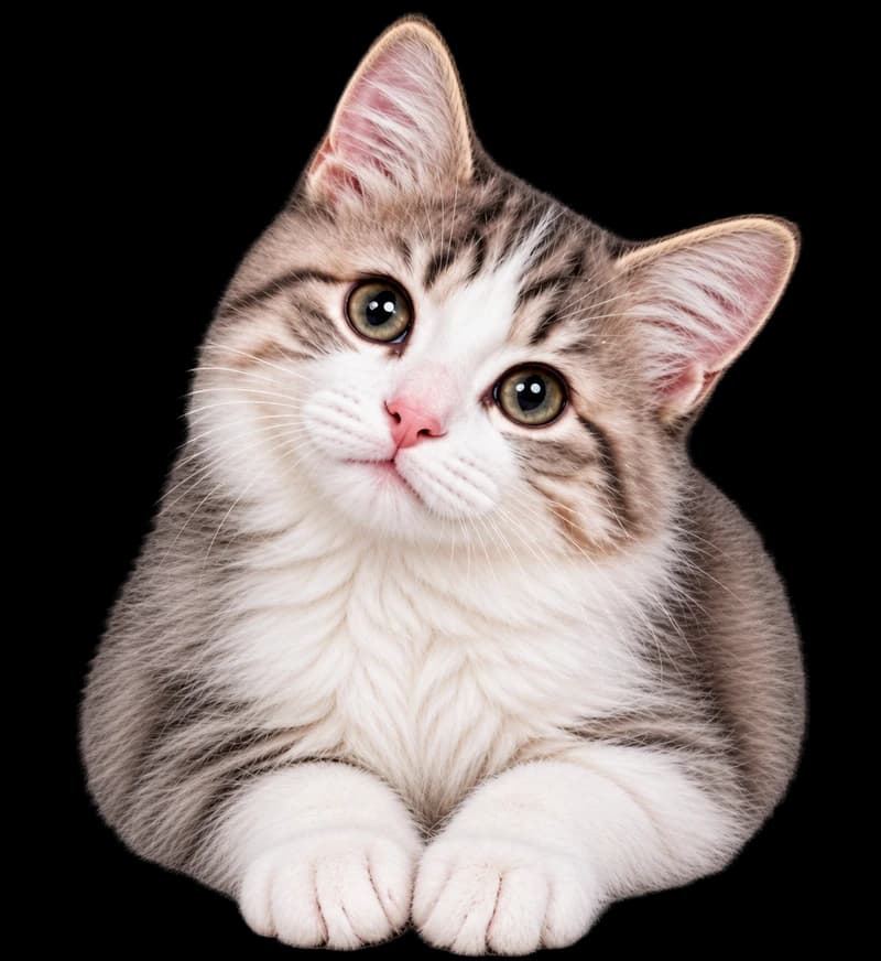 A tabby kitten resting with its front paws together.
