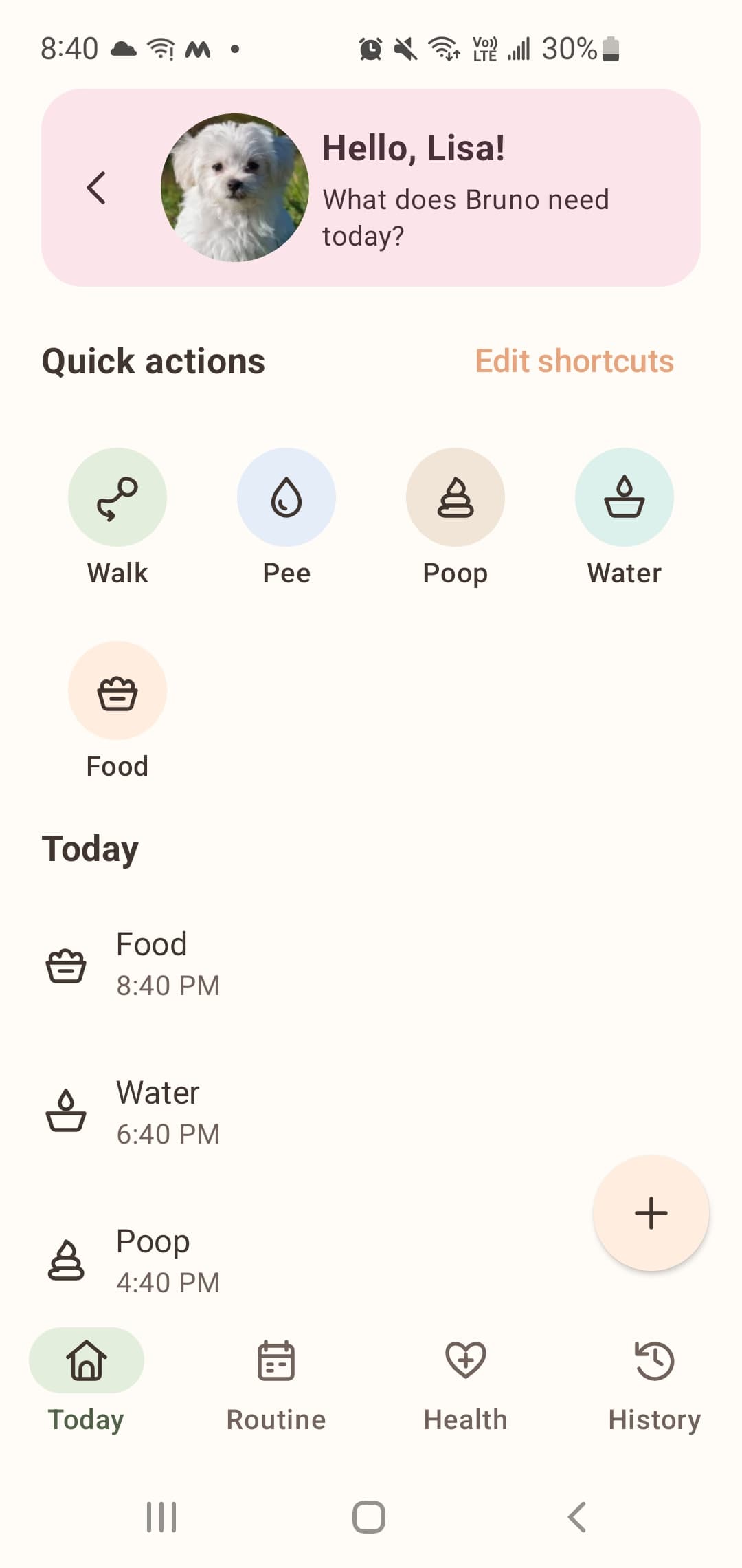 The logmy.pet Today screen with quick care actions and Bruno’s feeding, water and activity history.