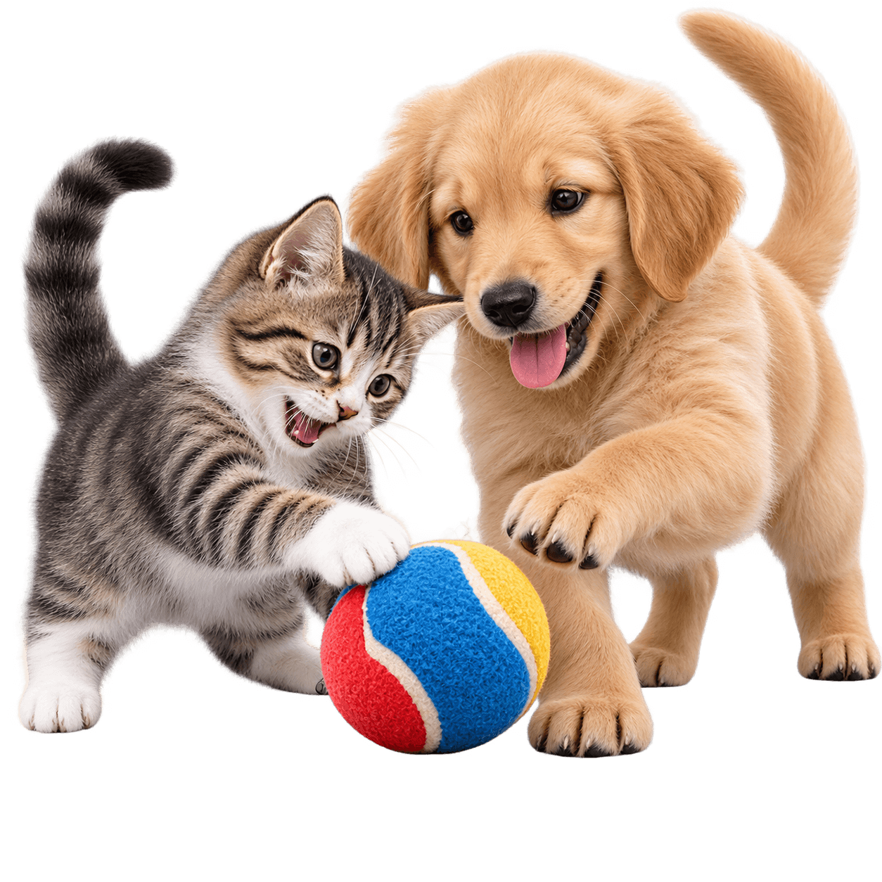 A kitten and golden retriever puppy playing together with a colorful ball.