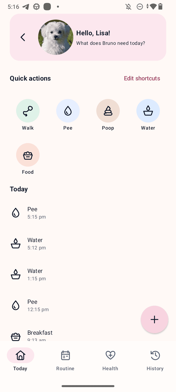 logmy.pet daily care screen showing Bruno's quick actions, activity times, and Today history