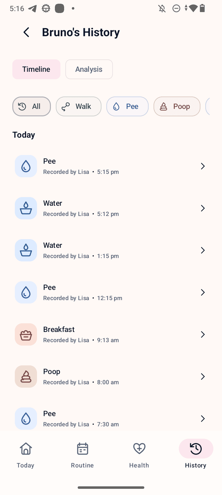 logmy.pet history screen showing Bruno's timeline, activity filters, and care records