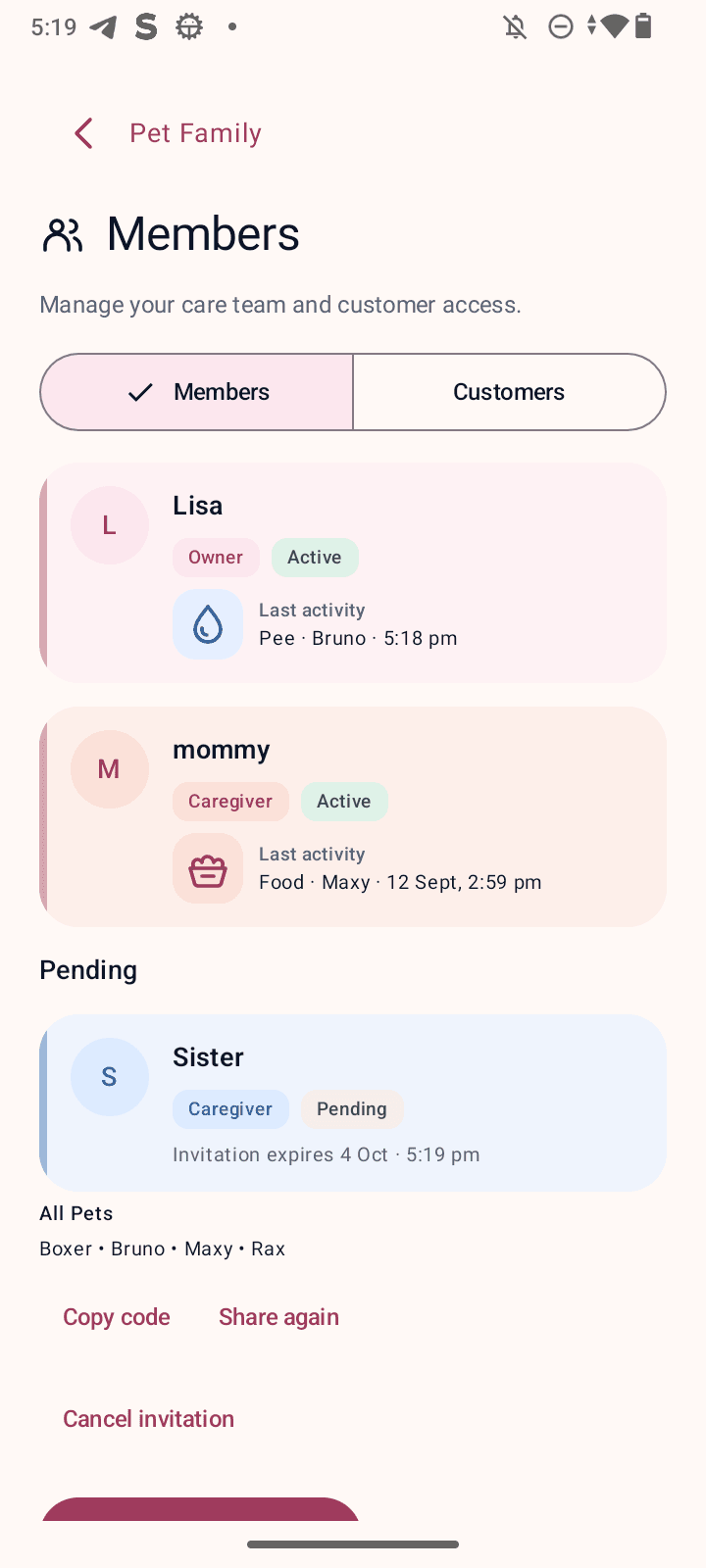 logmy.pet Members screen showing family caregivers, recent care activity, and a pending invitation