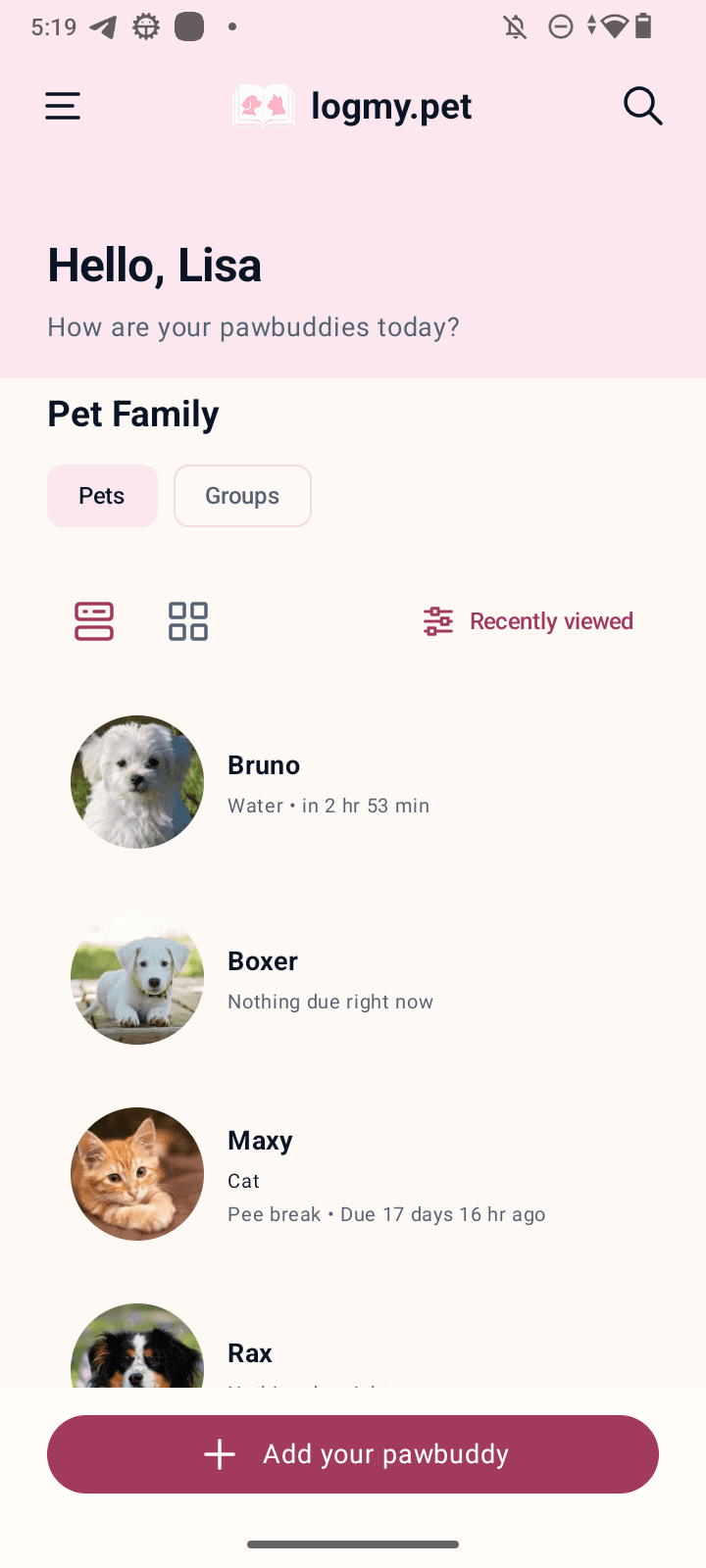 logmy.pet Pet Family screen showing Bruno, Boxer, Maxy, and Rax with their care reminders