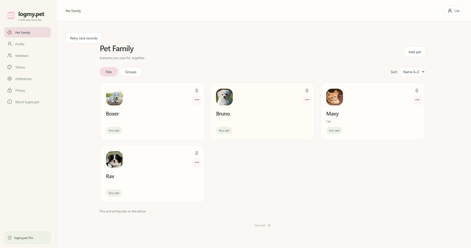 logmy.pet desktop Pet Family screen showing Boxer, Bruno, Maxy and Rax